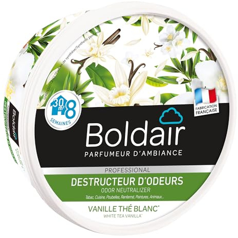 BOLDAIR - Gel destructeur d'odeur Thé Blanc Vanille - Neutralise les odeurs - parfume - Produit gel solide - Multi application - durée 8 semaines - 300g - Fabrication française