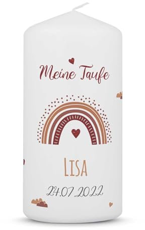 GRAVURZEILE Bedruckte Kleine Kerze - Taufkerze Regenbogen - Personalisiert mit Name Datum & Wunschtext - brilliant bedruckte Kerze - Geschenk für Mädchen & Jungen zur Taufe - Farbe: Rot