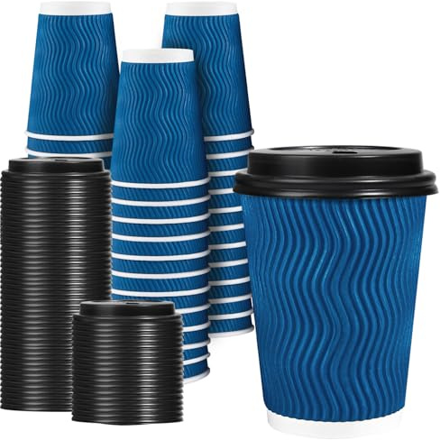 Lamosi 12 OZ Disposable Coffee Cups with Lids 50 Pack, Hot Paper Insulated Corrugated Ripple Wall Cup for To Go Drinks and Beverages