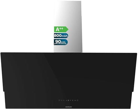 Cecotec Campana Extractora Decorativa 90Cm Bolero Flux Dt 908001 Glass Black A++. Acabado Vidrio Negro, Chimenea Inox, Succión 800M3/H, Motor 210W, Filtro Carbono