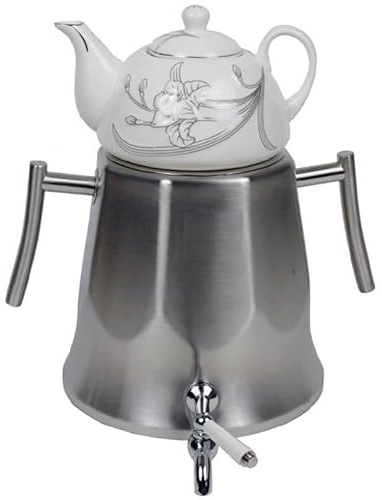Transitional Modern Large Tall Capacity Classic Iranian Samovar Russian Persian Turkish Tea Maker Water Kettle Heavy Thick Stainless Steel Ceramic Porcelain Teapot 6+1=7 Liter W/Faucet