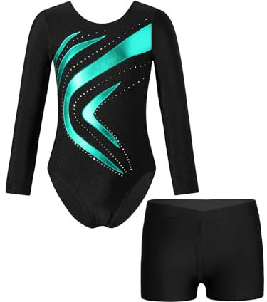 Aislor Gymnastikdräkt för barn, flickor, glitter, gymnastikdräkt, långärmad dansbody med gymnastik, shorts, strass, gymnastikbody, balettkläder, danskläder, Blågrön, 134-140