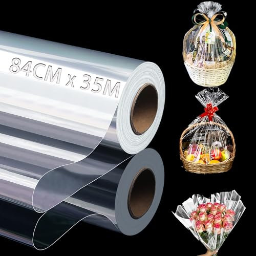 Ziamzra Geschenkfolie Transparent 84cmx35m Durchsichtiges Folie Geschenkpapier 35m Cellophanfolie 3 Mil Rolle Transparent Geschenkfolie Klarsichtfolie für Geschenke Hochzeit Blume Weihnachten
