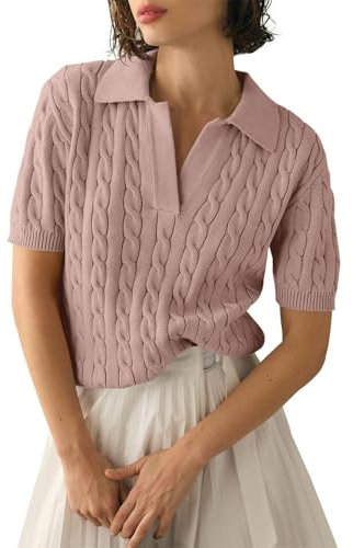 Summer Jumpers for Women UK Women's Short Sleeve Solid Lapel V Neck Knit Pullover Sweater Cotton Jumpers for Women UK Sales Travel Essentials Fleece Warm Christmas Striped Sweater Pink