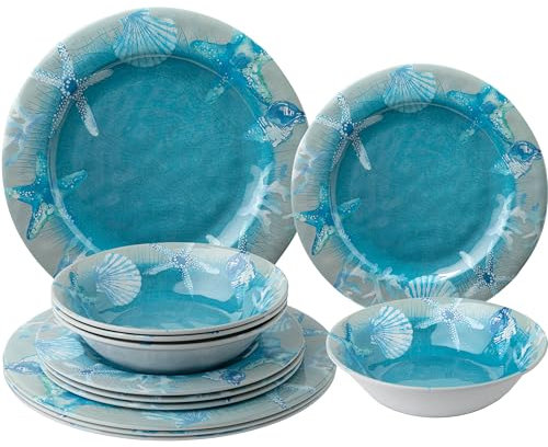 Set di stoviglie in melamina, set di piatti e ciotole infrangibili, leggeri, resistenti alle scheggiature, set per 4 persone, ideale per camper, camper, uso interno ed esterno, con stampa oceanica