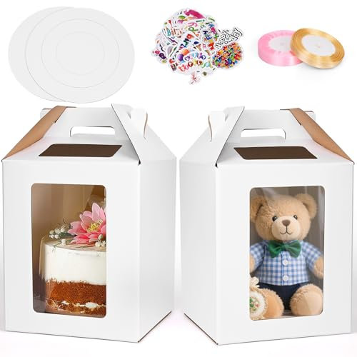 Gaethra Boîte de Transport Gâteau haute 2 pièces – Boîte Gâteau Carton transparente avec 2 plateaux, 2 rubans & 50 autocollants, 10×10×12 pouces – Boîte Layer Cake idéale pour anniversaires & cadeaux