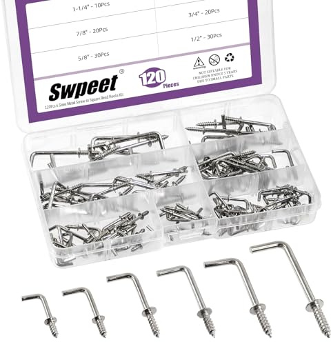 Swpeet 120 st 6 storlekar silver metall skruvbara fyrkantiga böjkrokar kit, fyrkantiga böjkrokar L-formade självgängande skruvar krokar L-typ fotoram rät vinkelkrok för hem/arbetsplats/kontor