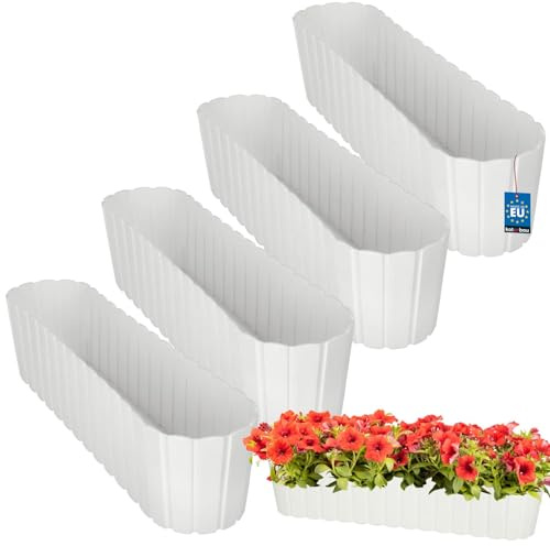 KOTARBAU® 4 st Balkonglåda - Blomlåda Balkong - Plast - 60 x 14 x 13cm - Vit - Planteringslåda - Stor Överkruka - Rustik Design - Balkonglåda