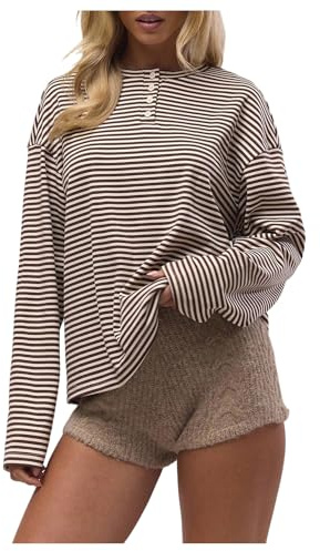SOLY HUX Women's Striped Long Sleeve T Shirts Henley Tops Crew Neck Button Classic Tees Fall Clothes Brown Striped Large