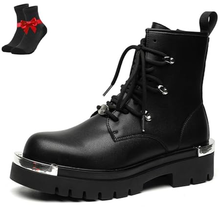 Kirposh Stivali da combattimento con plateau e lacci in pelle da uomo, stivaletti punk gotici, stivali con plateau in pelle, altezza aumentata antiscivolo(Black,46 EU)