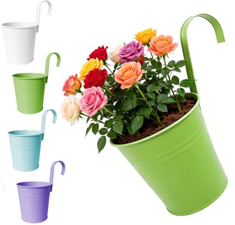 YNNHUDEEP Set di 4 vasi fioriera da appendere all'aperto, vasi sospesi 16 cm di altezza e 26 cm di diametro con staffa rimovibile e foro di scarico, per balcone, ringhiera, terrazzo, in ferro zincato
