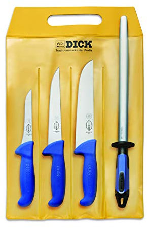 F. DICK Messer Set ErgoGrip 4-teilig (Ausbeinmesser 13 cm „schmal“, Stechmesser 18 cm, Blockmesser, 21 cm, Wetzstahl FineCut, HRC 56°) 82555000, Blau