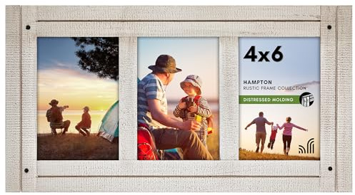 Americanflat Hinged 4x6 Triple Picture Frame with 3 Photo Openings and Polished Glass - Distressed Wood Collage Picture Frames for Tabletop and Wall Display - Hampton Collection - Aspen White