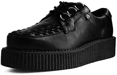 T.U.K. Anarchic Creeper Shoes for Women and Men, Black Faux Leather, Round Toe, Woven Interlace, 3 D-Ring Lace-Up, Twill Lining, Foam Insole, Low Platform, Classic Style, US Women 9 / Men 7