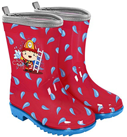 Gummistövlar Barn Röd med Brandman Släcker Elden - Regnstövlar Pojke Vattentäta med Blå Anti Slip Yttersula - Stövlar Reflekterande Detaljer PVC Material - 5 Storlek PERLETTI KIDS (Brandman, 26)