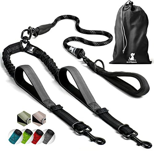 Hundeleine für 2 Hunde mit Bungee Verlängerung für Große und Mittelgroße Hunde mit Ruckdämpfer | Reflektierende Elastische Hundeleine zum Spazierengehen (Schwarz)