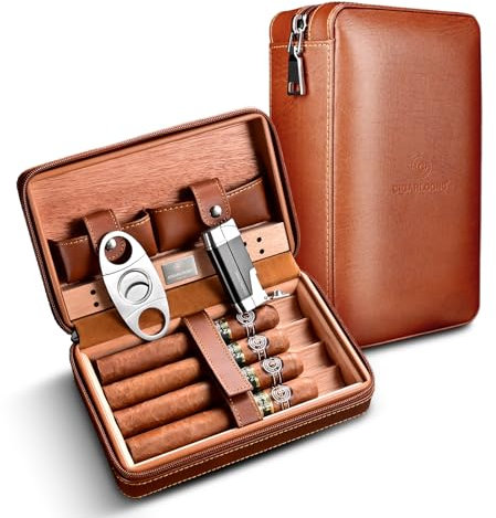 CIGARLOONG Cigar Travel Case Brown Leather Cedar Wood Lined 4 Cigar Humidor,Included Cigar Cutter and Lighter
