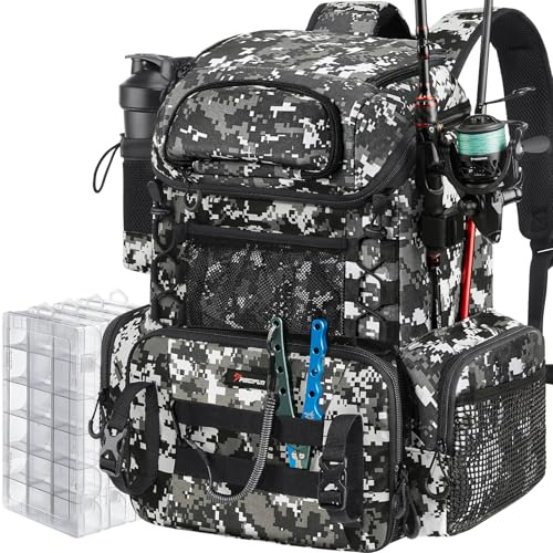 Piscifun Fishing Tackle Backpack with Rod Holders & 4 Tackle Boxes, Outdoor Fishing Bag with Waterproof Rain Cover Camouflage