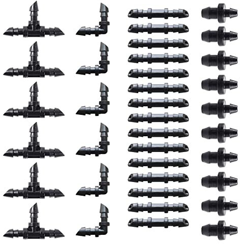 HUAZIZ 150 Pièces Irrigation Goutte à Goutte Kit, Système d'irrigation Jardin, Connecteurs Barbelés Pour Irrigation Pour Tube 1/4 Pouces(Coudes, Bouchons d'Extrémité, Barbes Droites, Tés)