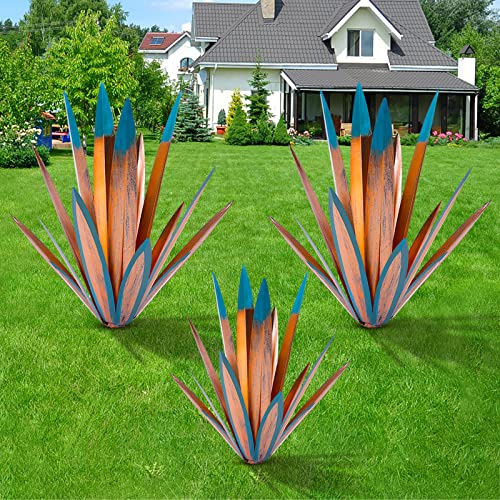 Large Tequila Rustic Sculpture, Rustic Metal Agave Plants for Outdoor Patio Yard, Home Decor Hand Painted Metal Agave Garden Yard Statue, Outdoor Lawn Ornaments (2 Big 1 Small)