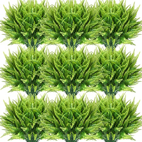 Cindeer 60 Pcs Artificial Boston Fern Plants Fake Boston Fern Stems UV Resistant Faux Plants Artificial Outdoor Plastic Bushes Bulk for Hanging Office Porch Window Home Decorations