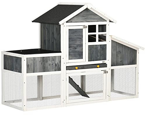 PawHut Pollaio Prefabbricato in Legno con Area Aperta, Casetta per Galline e Nido per la Cova, Aiuola e Tetto in Asfalto, Grigio