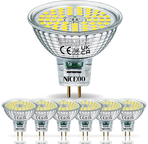 NICEOO GU5.3 6.5W Lampadine LED equivalente 60W Alogena, MR16 lampada Bianco Freddo 6000K, 700LM, AC/DC 12V, Faretti Senza Sfarfallio Lampadina, Angolo a Fascio 120°, Non dimmerabile, Confezione da 6
