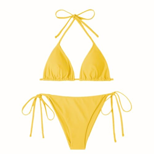 Maillots de Bain Rembourrés Classiques Réglables Halter Triangle Top de Bikini de Plage avec Taille Basse String Bas, Taille Unique Jaune