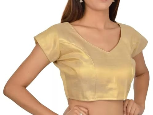 IMTRA FASHION Womens Round Neck Ready to Wear Saree Blouse Indian Crop Top Choli Golden