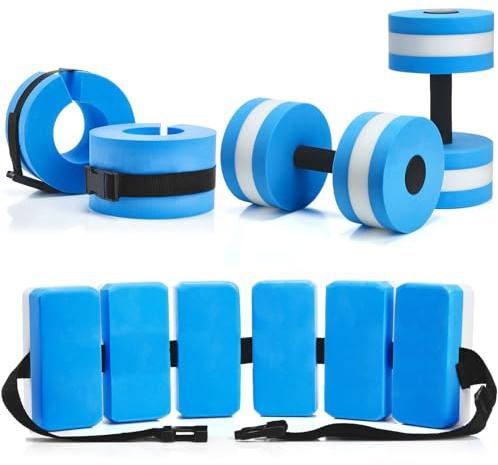 Motionchic 5 Pcs Pool Aquatic Exercise Set Including 2 Lightweight Water Dumbbells, 2 Ankle Swimming Weights, and Swim Belt Water Exercise Equipment for Aquatic Aerobics(Blue,Classic)