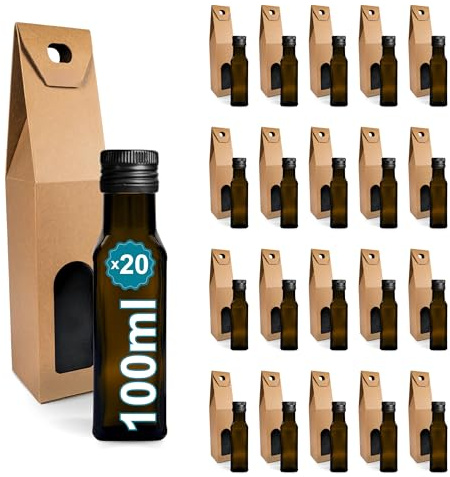 Espirito Rebelde 20 mini bottiglie in vetro scuro, 100 ml, con tappo a vite, nero + 20 lattine | piccole bottiglie per olio d'oliva, aceto, alcool, bottiglia campione