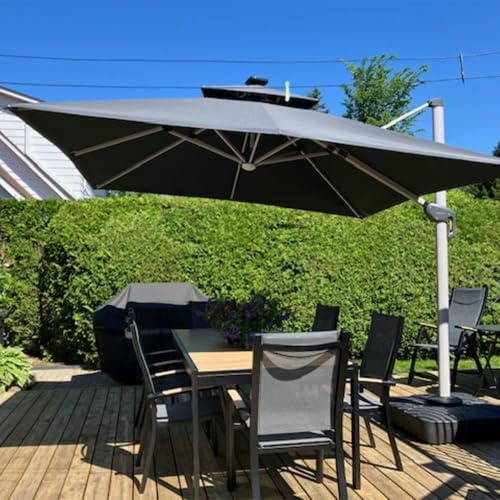 PURPLE LEAF Parasol Déporté 3 x 3 m Carré avec LED et Pied, Parasol de Jardin Extérieur à Toit Double Rotatif 360°,Protection UV, Pour Terrasses, Piscines, Restaurants Extérieurs, Patio, Gris acier