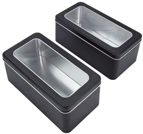 Goodma 2Pcs Rectangle Metal Tins Containers with Window Lids Mini Storage Canister Jars Set for Home Kitchen, Office and School Supplies, 8.8 x 4.5 x 3.5 (Black)