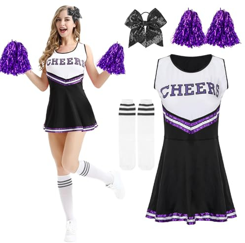 Kitimi Cheerleader Costume Women for Adults, Cheerleadering Outfit Fancy Dress Uniform with Pompoms Hair Scrunchie Socks, High School Cheerleader Costume for Fancy Dress Carnival Party (black, S)