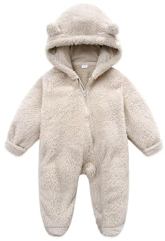 Geagodelia Toddler Infant Baby Boy Girl Romper Snowsuit Long Sleeve Bear Shaped Footies Hooded Button Up Full Length Plush Zipper Closure Winter Warm Fuzzy Fleece Jumpsuit (Beige, 0-3 Months)