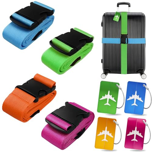Set di 4 etichette per bagagli, con 4 etichette per bagagli, cinghia per valigia, identificazione personalizzata per riconoscere rapidamente bagagli, borsa da viaggio