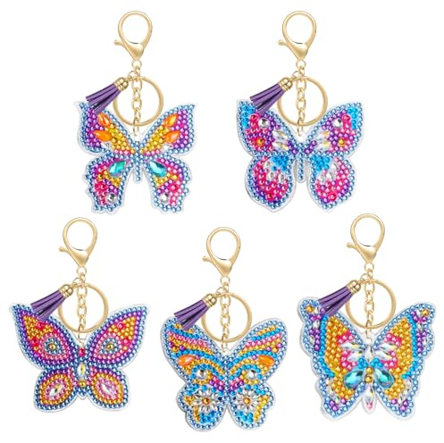 MWOOT 5 stycken diamantkonst målning hängande fjäril, 5D gör-det-själv diamantmålning konst nyckelring med tofsar, dubbelsidig strass mosaik diamant hantverk för ryggsäck handväskor dekoration