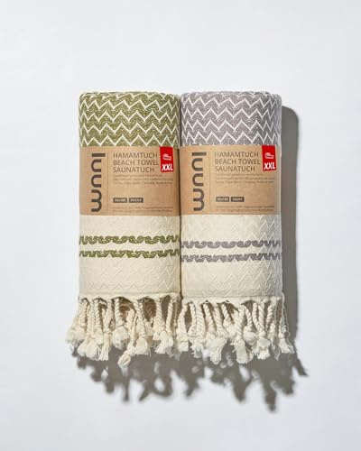 Luum Lot de 2 serviettes de sauna, de hammam, de plage, de pique-nique, de voyage, de sauna, en coton de qualité supérieure, compactes, légères, séchage rapide, taupe/olive, 90 x 180 cm