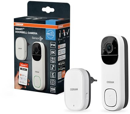 OSRAM Sonnette vidéo SMART+ Wi-Fi 3MP 2K Batterie IP66 Blanc Sonnette vidéo SMART+ Wi-Fi 3 MP 2 K, capteur PIR, batterie 5 200 mAh, carillon, angle de vision 160 °, compatible Alexa, blanc