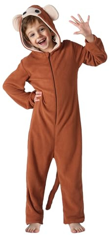 GEWONELIFE Kids Monkey Costume 4-6T – Flannel Halloween Onesie for Boys & Girls, Unisex Hooded Animal Jumpsuit Pajamas for Cosplay or Dress-Up
