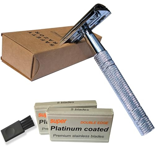 Premium Silver Double Edge Safety Razor – Durable Metal, Eco-Friendly Shaving & Reusable | Zero Waste, Plastic-Free Close Wet Shaver for Men & Women | plus 10 Razor Refills + Cleaning Brush (Silver)
