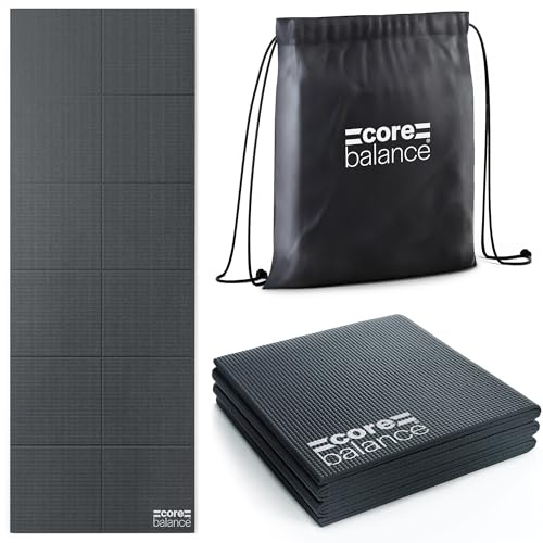 Core Balance Foldable Travel Yoga Mat, Non Slip PVC Foam with Textured Grip, 6mm Thick for Balance & Comfort, Lightweight, Compact & Portable, Exercise Mat with Drawstring Bag, 173cm × 61cm (Black)