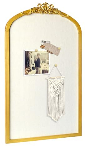 Tableau d'affichage avec lin, tableau d'affichage vintage avec cadre en forme d'arche – 48,3 x 78,7 cm – Tableau en liège blanc pour murs, cadre en bois de pin doré, tableau d'affichage en tissu
