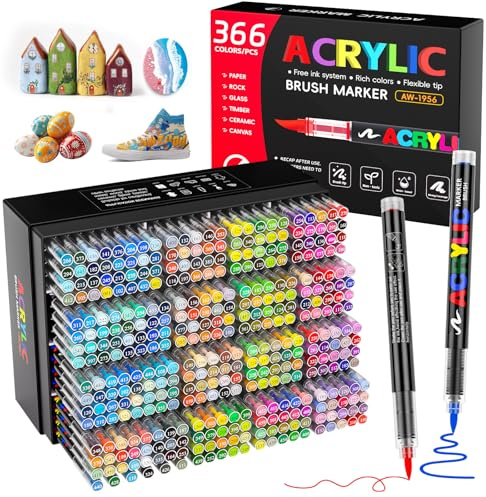 Patamiyar Pennarelli Acrilici, 366 Colori Acrilici Pennarelli, Acrylic Marker con Punta a Pennello da 1-5 mm per Dipingere Pietre, Tessuti, Vetro, Ceramica, Tela, Carta, Legno, Metallo, Decorazioni