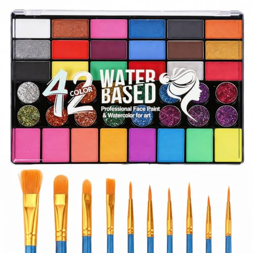 Set de maquillaje permanente 42 colores, colores faciales y corporales solubles en agua con 10 pinceles azules, colores para bodypainting adecuados para Halloween, Carnaval, Cosplay, celebraciones