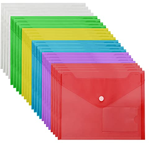 Belle Vous Set da 24 Cartella Portadocumenti A5 - Cartellina Porta Documenti A5 Colori Assortiti con Chiusura a Bottone e Porta Etichetta - Cartellette Portadocumenti Trasparente per Casa ed Ufficio