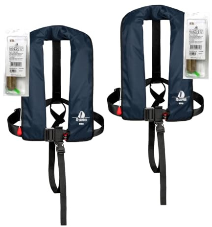 12skipper Lot de 2 Gilets de Sauvetage Automatiques ISO 165N avec Harnais, 2 Kits d'entretien Inclus, Bleu Marine