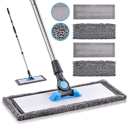 MANGOTIME Microfibre Flat Floor Mop for Hardwood Laminate Vinyl Ceramic Tile Wood Floor Cleaning Mop with 4 Washable Chenille & Microfibre Refill Pads and Aluminum Plate (Grey)