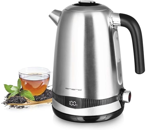 Emerio WK-124658.1 Edelstahl Wasserkocher, 1.7 Liter, 2200 Watt, Temperaturwahl [40°|50°|60°|70°|80°|90°|100°C], 360° Basis, Warmhaltefunktion, Display mit Temperaturanzeige, BPA frei, Silber