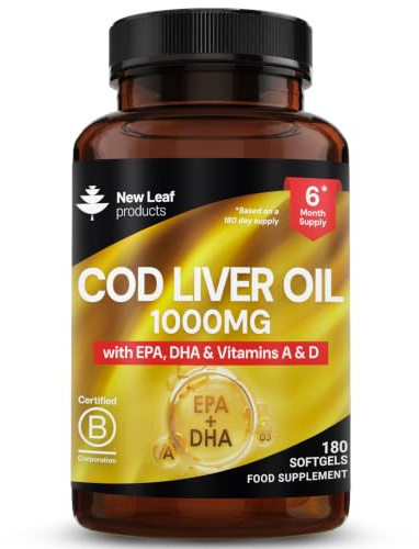New Leaf Cod Liver Oil Capsules 1000mg High Strength - Omega 3 EPA DHA | 180 Softgels, Fish Oil with EPA & DHA, Plus Vitamins A & D, Made in UK